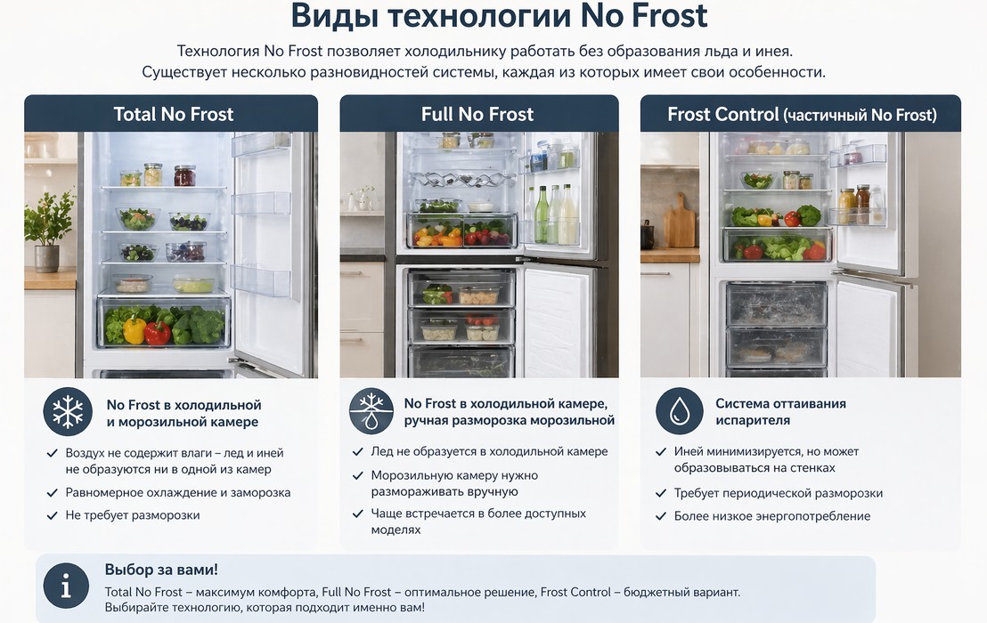 No Frost, Frost Free, Total No Frost и капельная разморозка — в чем разница