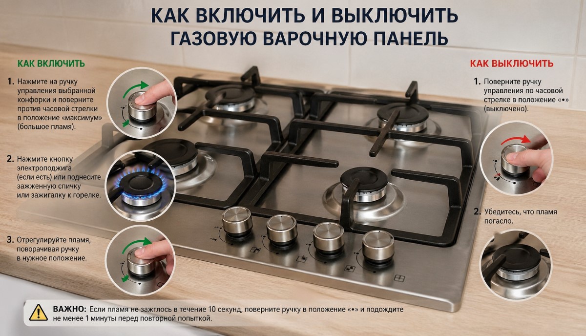 Как включить и выключить газовую варочную панель Как включить и выключить газовую варочную панель
